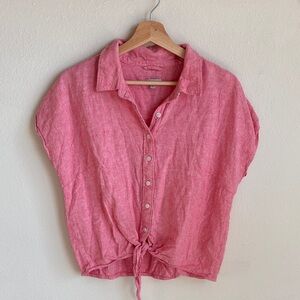 TALBOTS Large Linen Tie-Front Button Shirt Pink